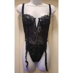 NWT Vintage Victorias Secret BLACK LACE 34 C Corset Bustier Garters & Thong Set